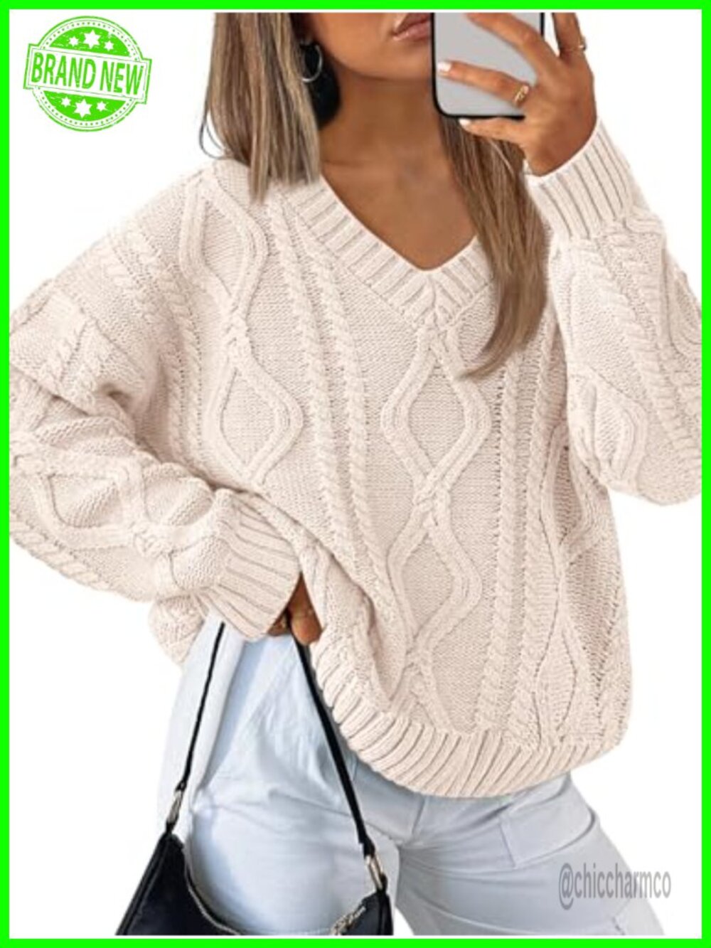 Womens V Neck Cable Knit Oversized Cotton Acrylic Pullover Sweater